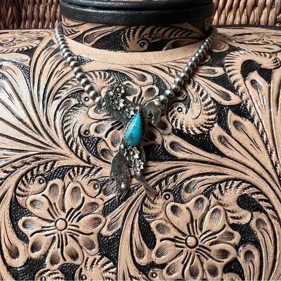 Sterling Silver Rearing Horse Turquoise Pendant Floral Southwestern - Picture 7 of 11